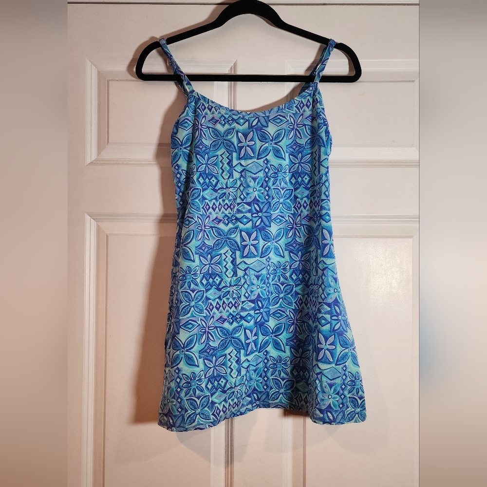 Vibrant Blue Floral Tank. Swimsuit Type Material. No Size Aprox 17in Pit2pit